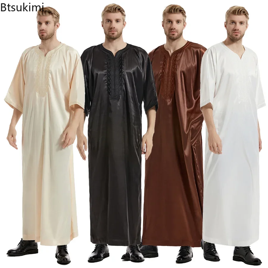 Robe longue musulmane pour homme Eid, style Jubba Thobe Abaya, en satin brodé, Kimono, Caftan, style saoudien, Dubaï, Arabe