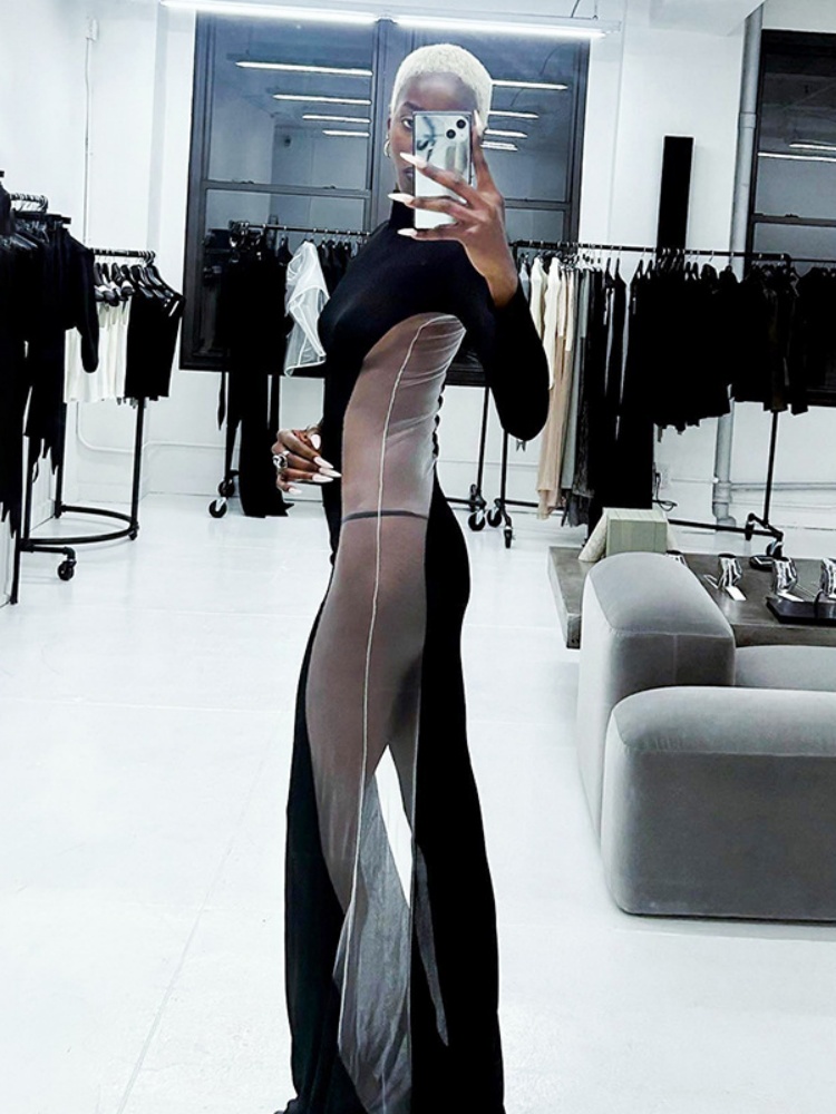 Robe transparente noire pour femme, pull long tambour, vêtements slim, streetwear sexy, patchwork en maille, robe éducative, automne