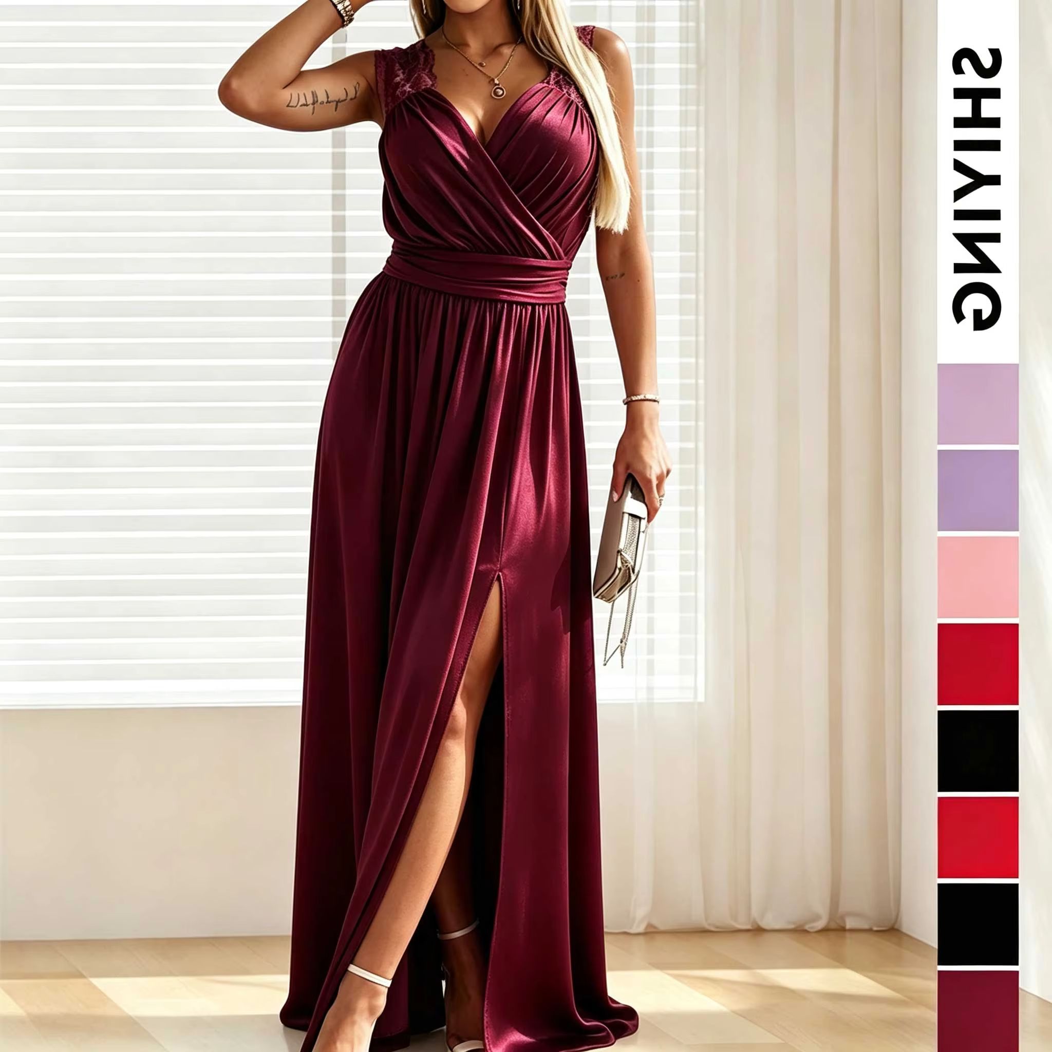 Robe de soirée élégante pour femme, col en V, épaules en dentelle, sans manches, fente, taille cintrée, plissée, robe longue de soirée formelle pour bal de promo