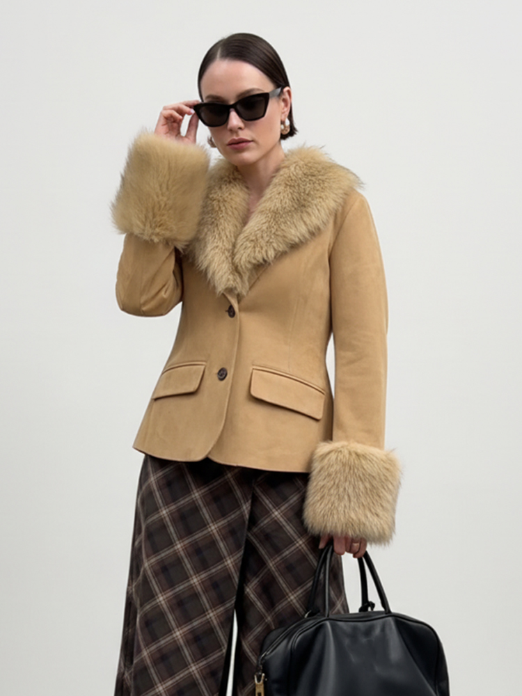 Veste Courte Femme en Jacquard Floral avec Bordure en Fausse Fourrure, Col en V, Bouton Unique, Manches Longues en Fourrure, Style Vintage, Chaude pour l'Hiver et les Fêtes