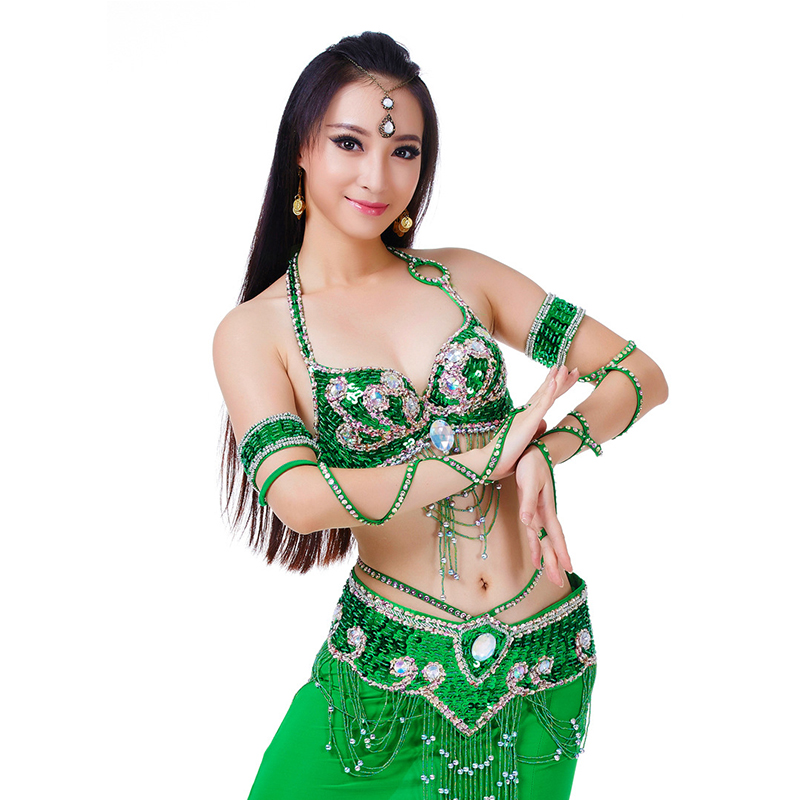 Femmes Sexy danse du ventre perlé haut soutien-gorge et ceinture 2 pièces Costume de danse du ventre tenue ensemble femme Bollytwood danse Costume 11 couleurs
