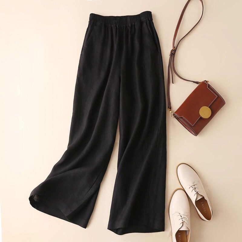Mode pleine longueur pantalons décontractés pour femmes coton lin pantalon à jambes larges solide pantalon d'été femme ample taille haute pantalon droit