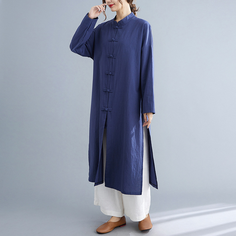 Vêtements traditionnels chinois pour femmes, coton, manches longues, simple boutonnage, haut adt, vêtements de thé de méditation, printemps, automne