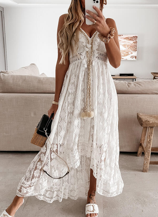 Robe femme blanc évider coton robe d'été dentelle sans manches longue épissage été fête élégante soirée femme jupe vêtements