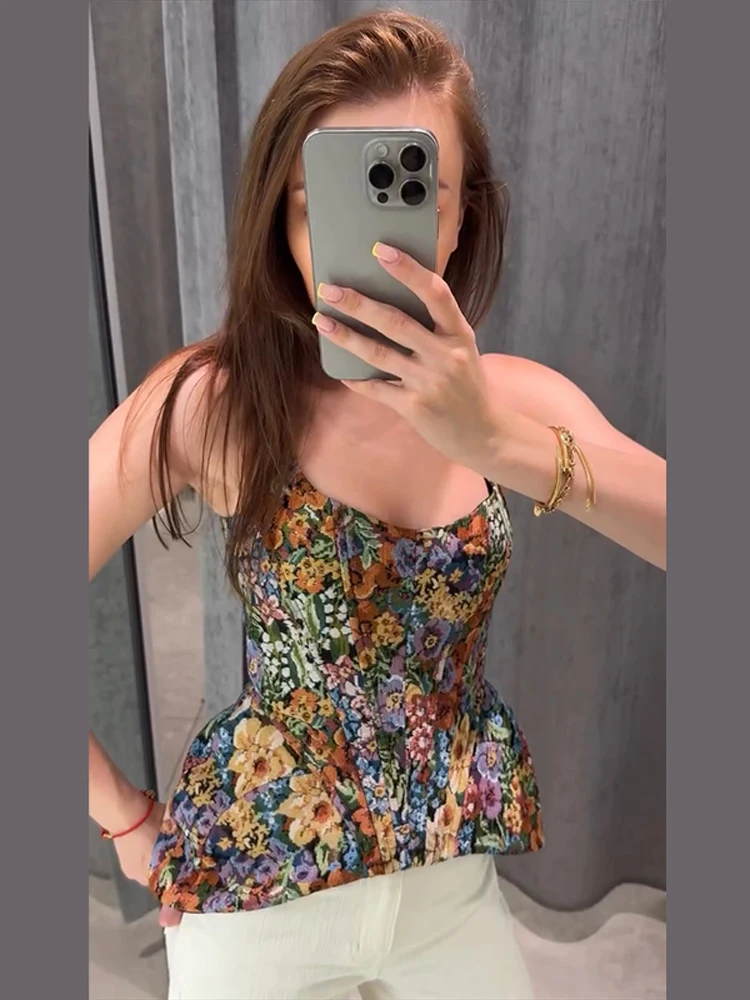 Corset pour femme à imprimé floral, cintré à la taille, chic, sans manches, dos nu, avec fermeture éclair, débardeur slim, mode été 2026, hauts élégants pour femme.