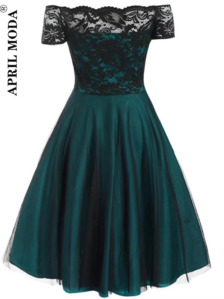 Femmes Vintage robe en dentelle formelle rouge noir vert Slash cou Tulle Midi Jurken Chic rétro gothique années 50 robes trapèze vêtements de fête