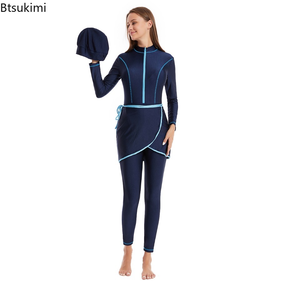 Maillots de bain modestes musulmans 2026 avec hijab, maillot de bain de plage 3 pièces pour femmes, tenue de natation islamique à manches longues pour femmes