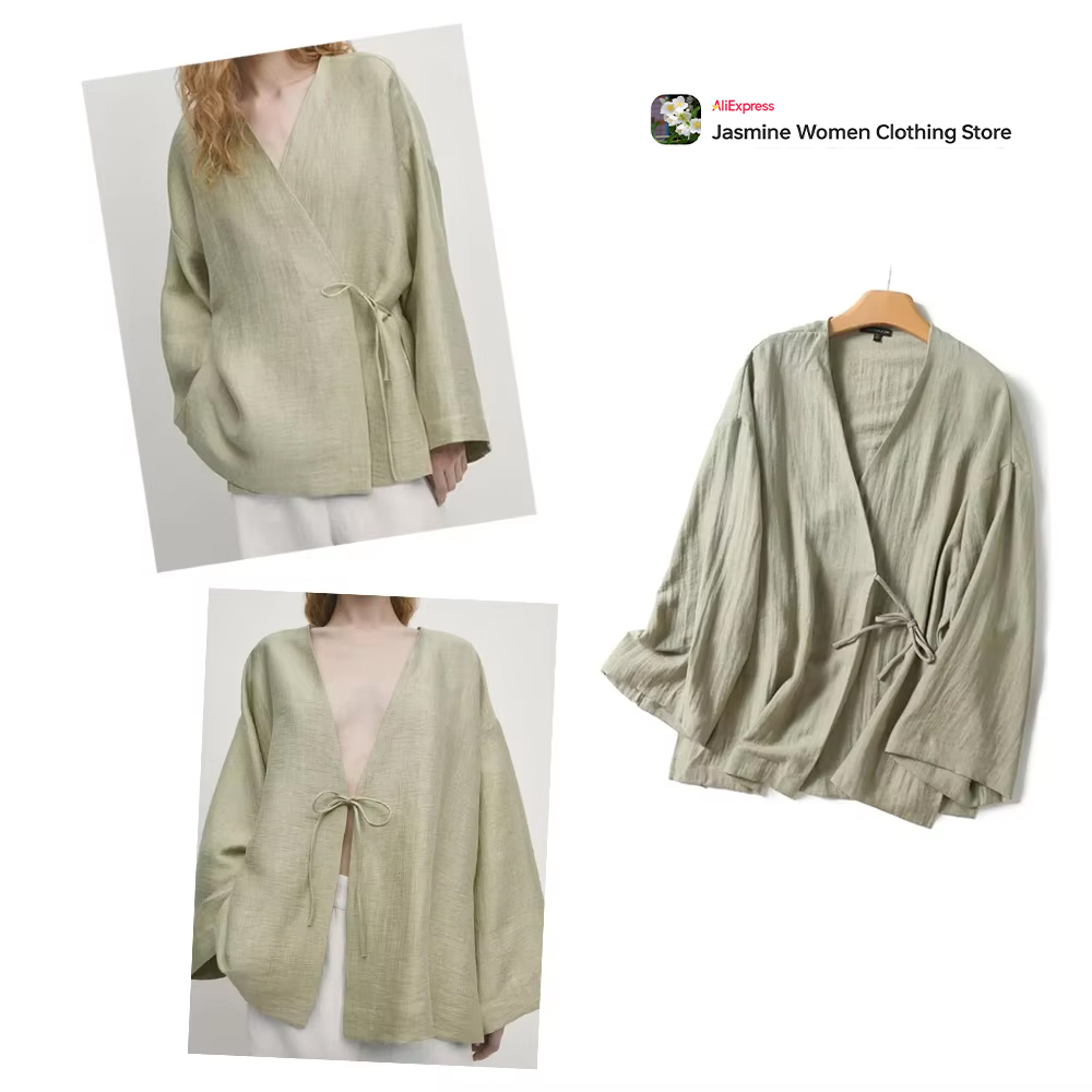 Chemisier Olive confortable avec attaches, manches longues tombantes, Kimono pour femmes, col en v, Cardigan portefeuille, hauts froissés avec fentes latérales, 2 styles
