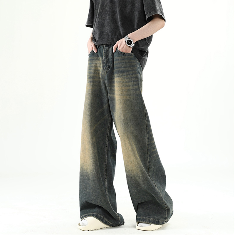 Hommes Denim pantalon vieux bleu lavé mâle jean droit décontracté hommes ample jambe large pantalon nouvelle mode coréenne haute rue Denim