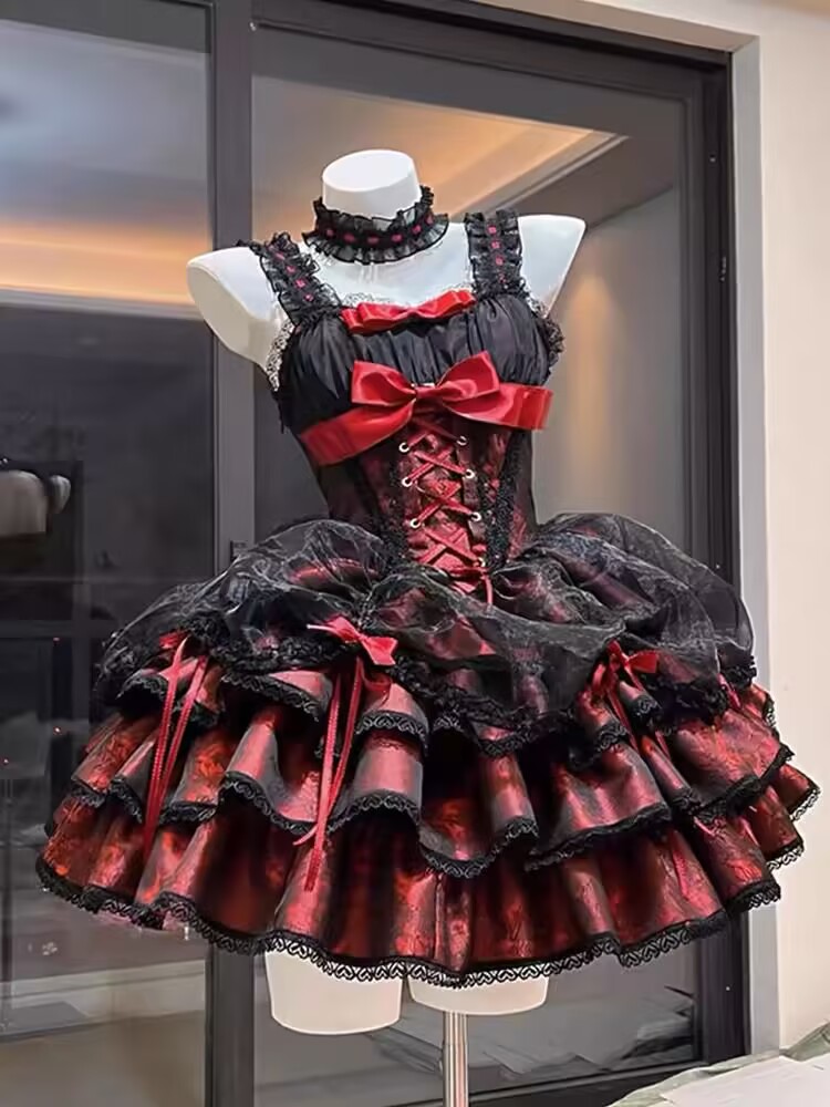 Robe gothique Lolita pour femmes, Harajuku, nœud en dentelle, à volants, Mini robes de soirée, Punk Kawaii, noir et rouge, robe d'été Y2k