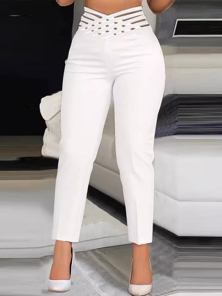 Pantalon femme mode décontracté bureau noir blanc maigre cheville longueur pantalon femme Sexy évider taille haute pantalon printemps été