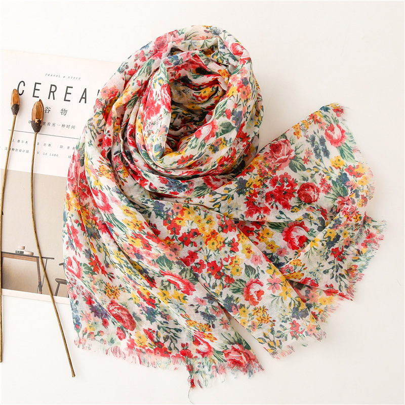 Châle en Viscose à Franges Florales pour Femme, Écharpe Imprimée, Pashmina Doux, Étole Musulmane, Hijab de Haute Qualité, 2024x90cm, 180