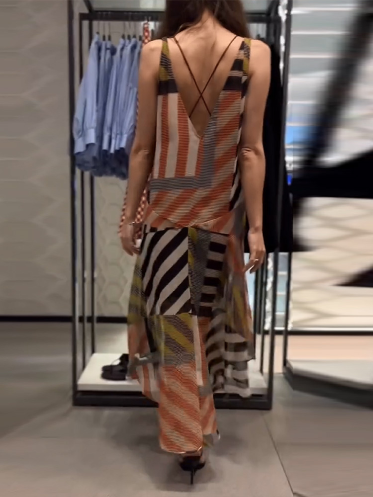 Robe longue décontractée pour femme, imprimée patchwork, coupe ample, ourlet irrégulier, sans manches, collection Printemps-Été 2026, idéale pour les vacances