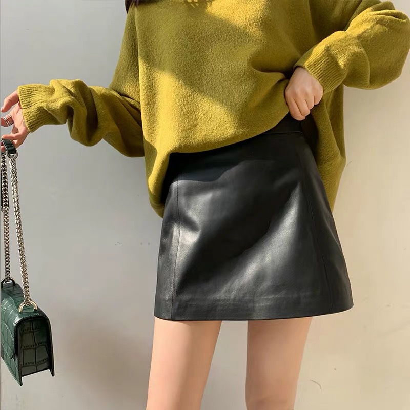 Jupe en cuir de mouton pour femme, nouvelle collection 2026, taille haute, mini-jupe slim printemps-automne, short en cuir véritable, bottes Y2K