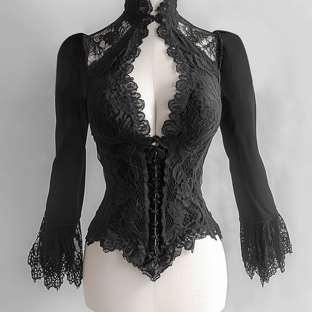 Corset en dentelle pour femmes, chemise haute Sexy, col en V profond, manches bouffantes, gothique, Vintage, Bustier de soirée, mode féminine Chic