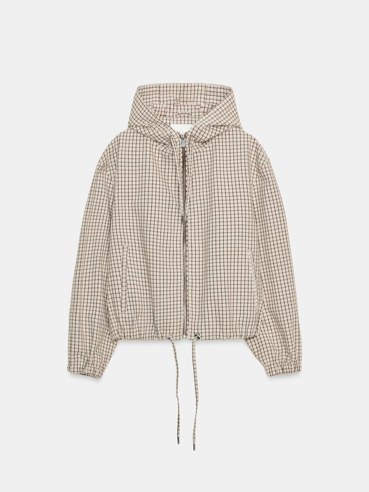 Vestes décontractées à capuche zippées pour femme, avec poche avant, motif écossais beige, ourlet à cordon de serrage, coupe-vent légers, streetwear printemps-automne