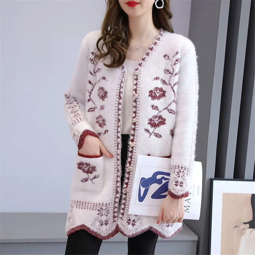 Cardigan en maille ample et très extensible pour femme, nouvelle collection printemps coréenne, motif floral, pull à manches longues, vêtements