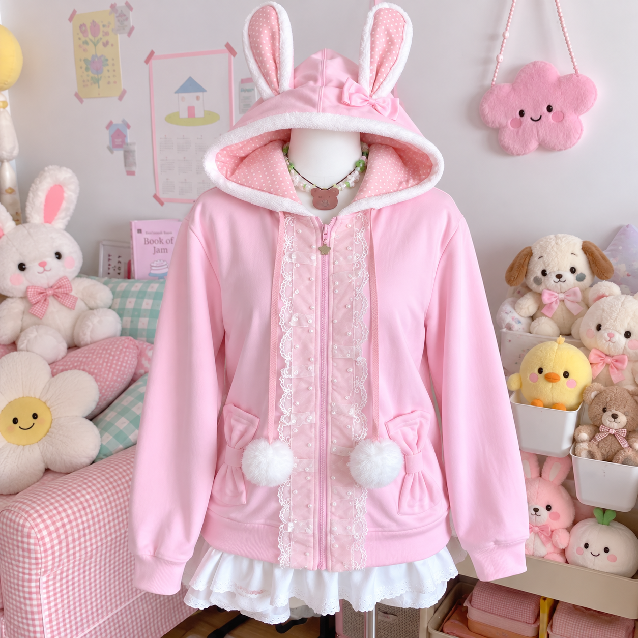 Japonais mignon manteau broderie lapin oreille à capuche sous-culture Kawaii Y2k hauts décontracté mode doux manteaux Ropa Mujer femmes vêtements