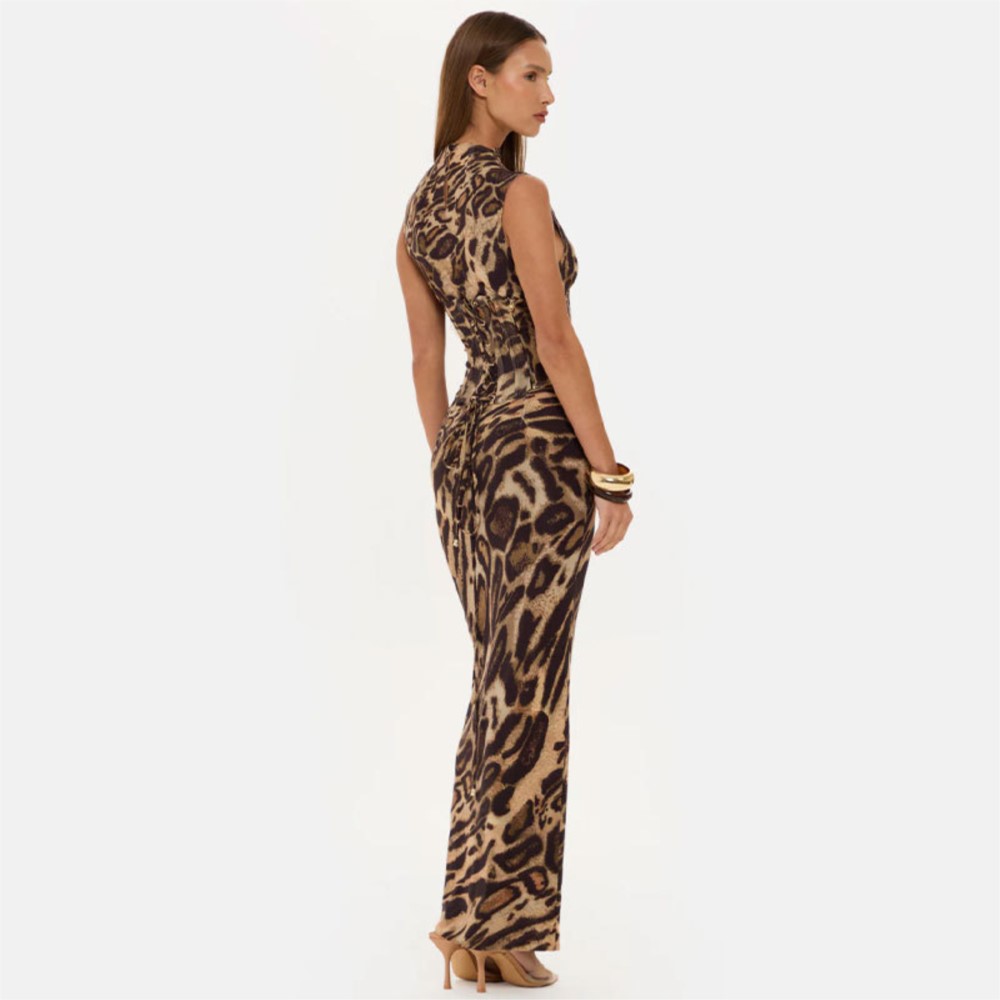 Robes imprimées léopard pour femme, tenues deux pièces pour fête et mariage, vêtements français pour femme, style élégant, sans manches, coupe ajustée, motif arêtes de poisson