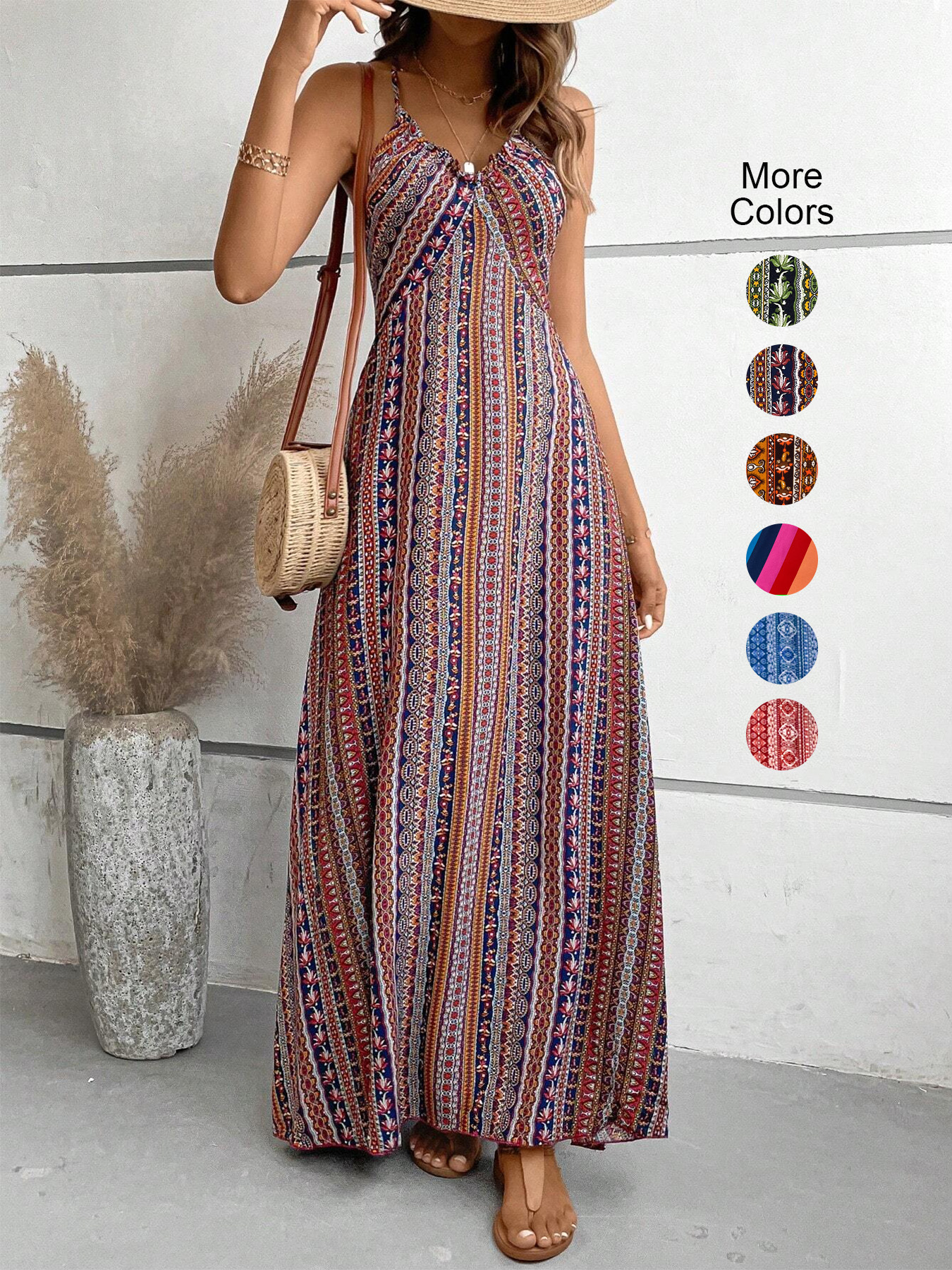 Robe longue d'été à motif ethnique pour femmes, dos nu, fendue sur les cuisses, vêtements d'été pour dames, mode Boho, garniture à volants, longue robe pour la plage