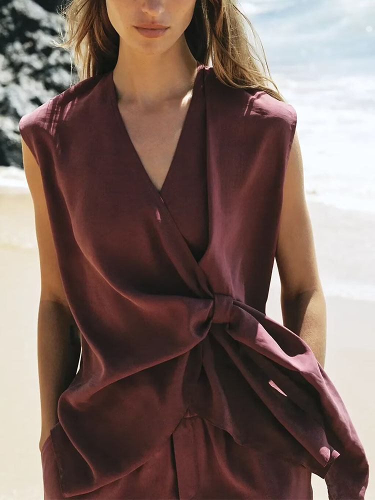 Ensemble deux pièces élégant en satin 2026 pour femme : Blouse sans manches à nouer et pantalon large taille haute – Tenue quotidienne