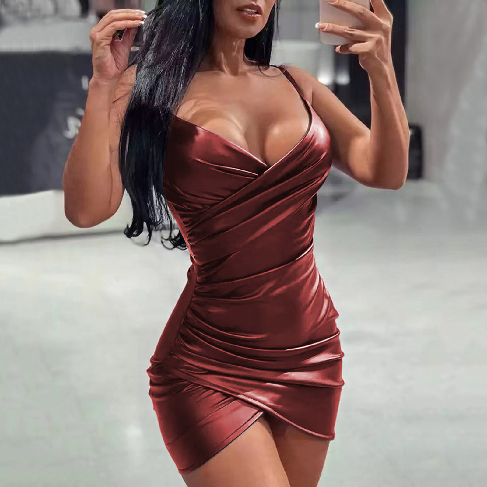 Robe de Soirée Courte en Cuir PU pour Femme, Tenue de Cocktail Formelle, Slim, Hanche Ronde, Ourlet Incurvé Brcorporelle, Jarretelles