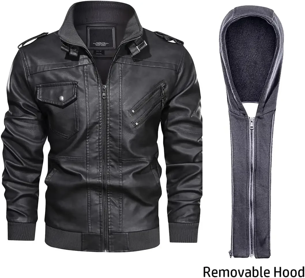 Veste décontractée capuche amovible hommes hiver Vintage moto Biker veste en cuir hiver pilote vestes en cuir coupe-vent manteau chaud