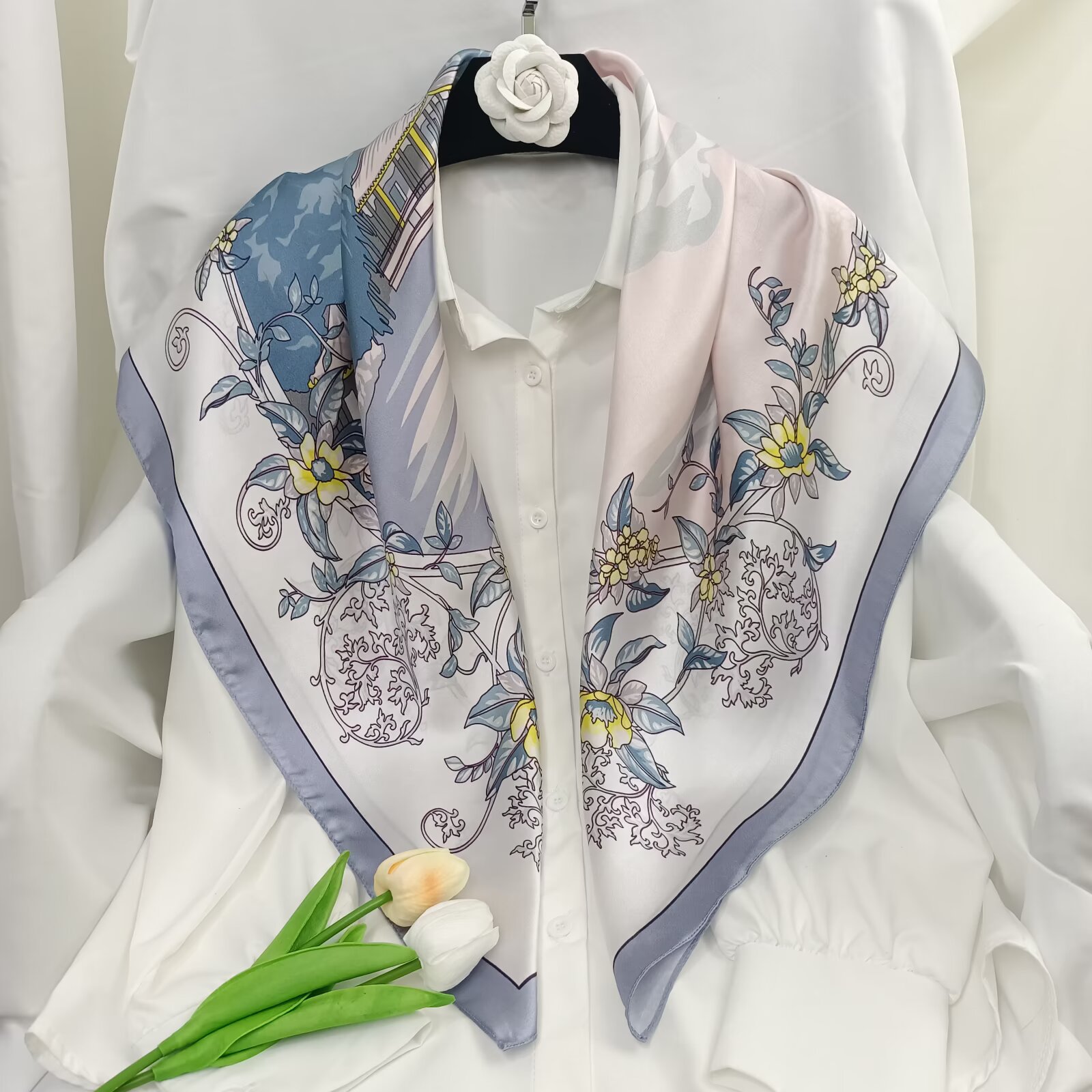 Foulard carré de luxe imprimé en soie de mûrier 90 cm pour femme, grand châle en satin, bandana, foulard de tête, bandeau