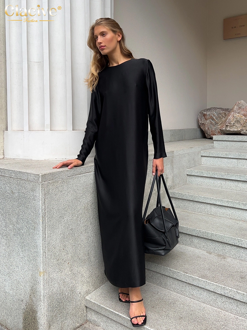 ClacMarkets-Robe en Satin Noir pour Femme, Tenue Décontractée, Col Rond, Manches sulf, Longueur Rinçage, Élégante, Classique, Couleur Unie, Mode 2023
