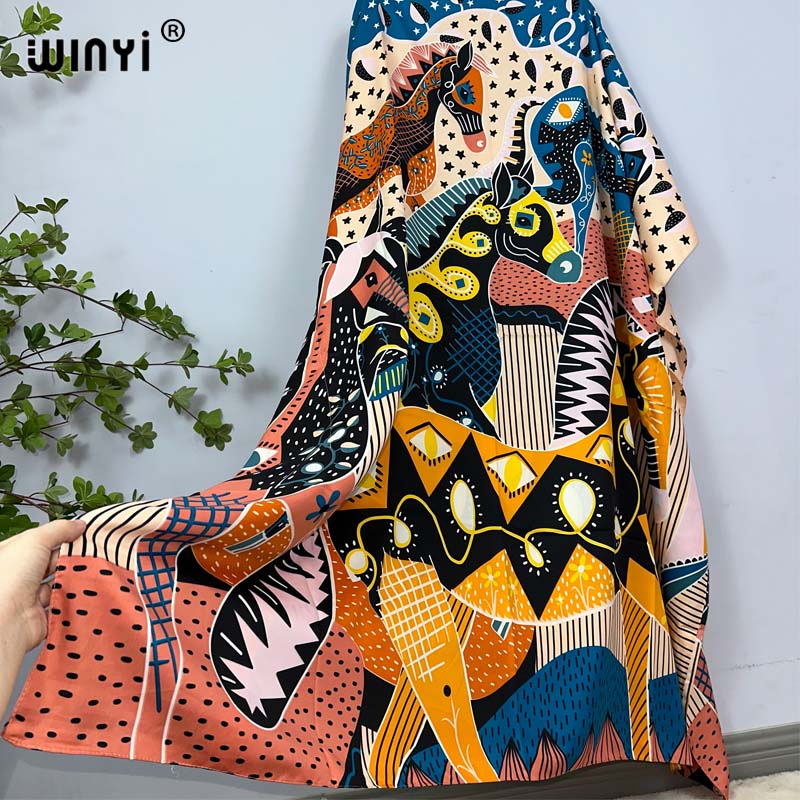 WINYI-Robe de plage africaine à imprimé bohème pour femmes, dashiki, longue, kaftan, été