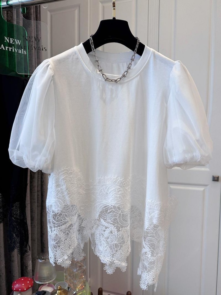 Blanc femme t-shirts mode irrégulière t-shirts surdimensionné hauts col rond manches courtes Patchwork dentelle T-shirt été coréen Camisetas