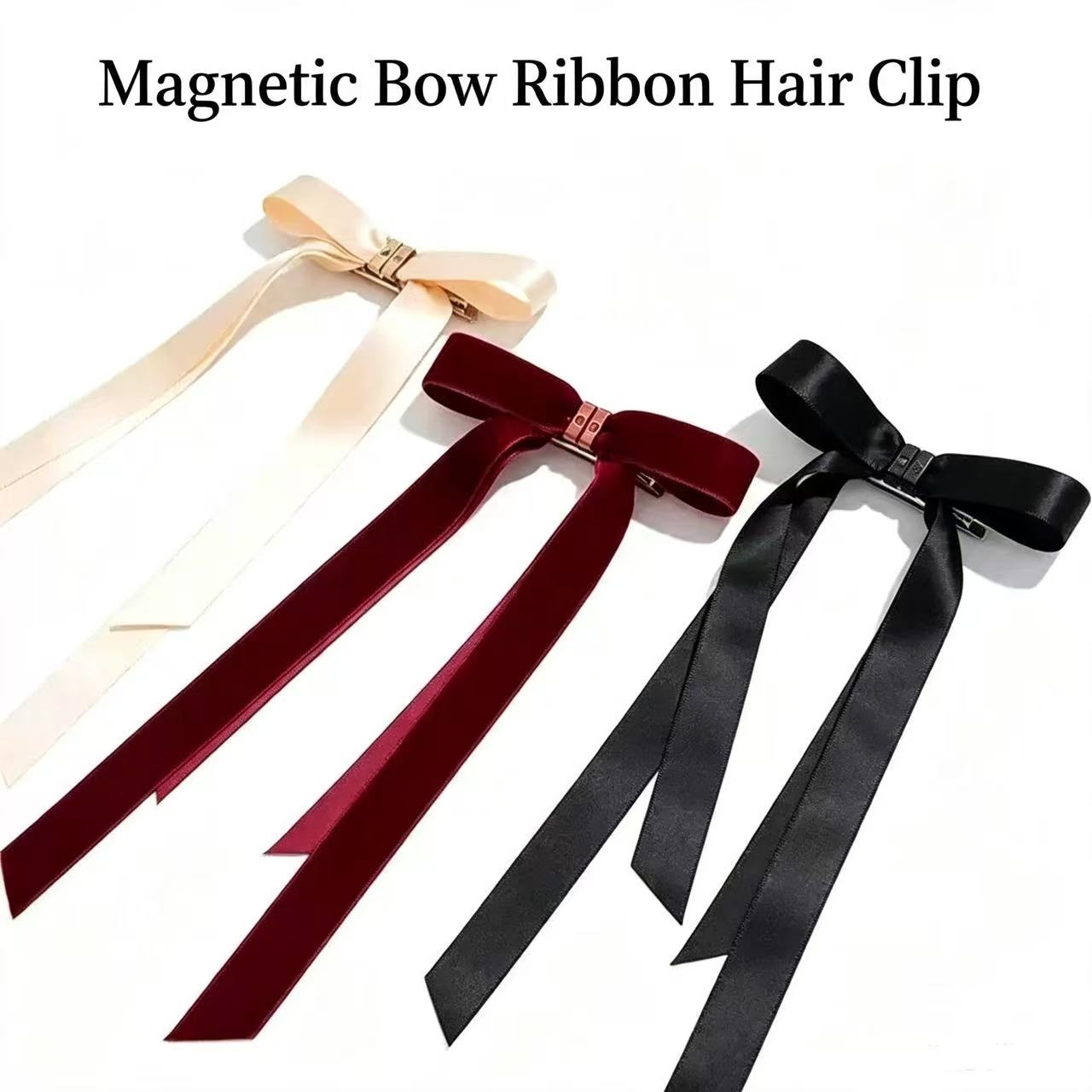 Barrette à cheveux magnétique détachable, barrette à cheveux en satin avec long ruban, accessoires capillaires élégants pour femmes pour coiffures mi-attachées