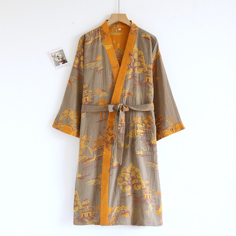 Chemise de nuit Yukata en gaze double couche de coton tissé coloré style national pour homme, idéale printemps-été, confortable F6670