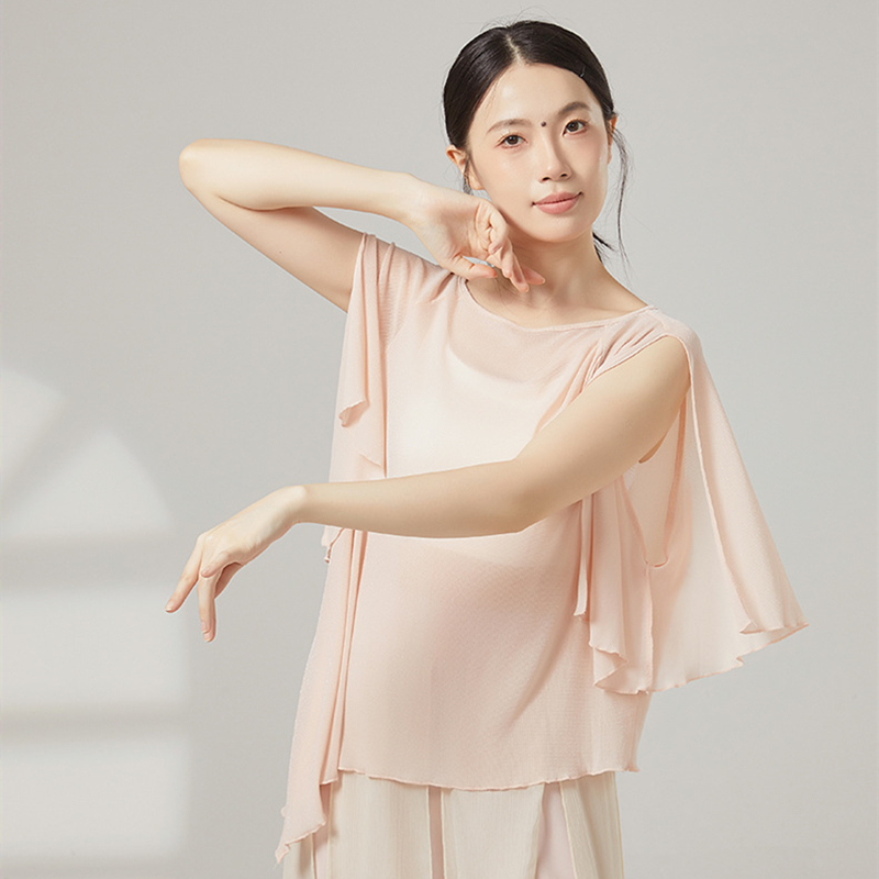 Costumes de danse classique pour femmes, haut en maille de gaze, chemise fendue à manches courtes, chemisiers Saree amples, ourlet irrégulier, vêtements de danse sur scène chinoise