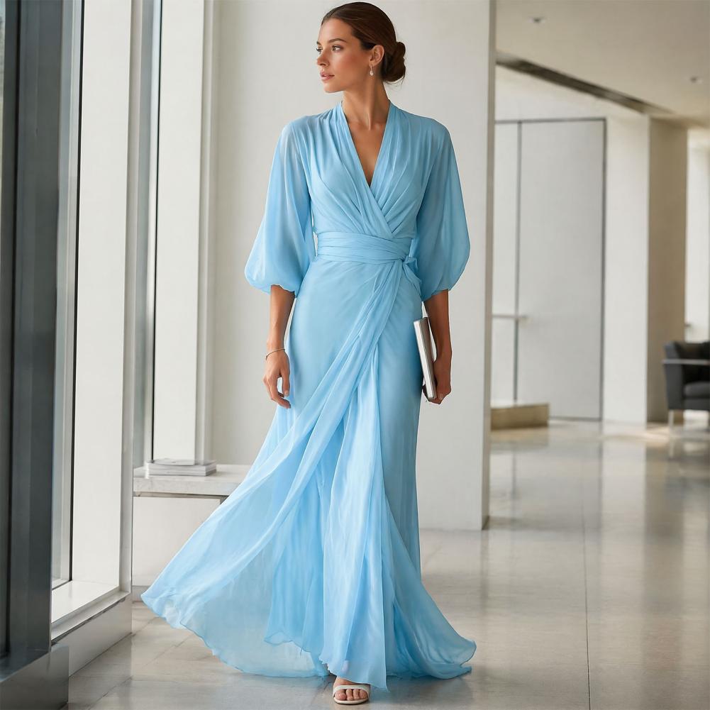 Robe de bureau pour femme, col en V, longue, été automne, taille nouée, coupe trapèze, demi-manches, décontractée, maxi