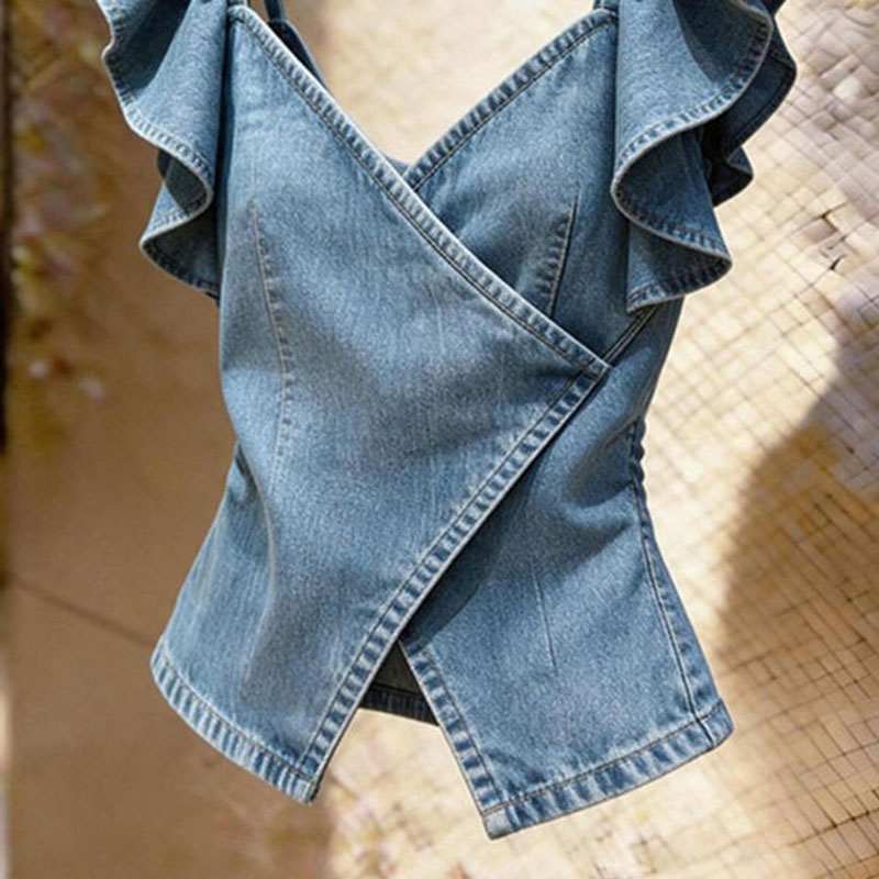 Nouvelle Collection Été-Automne 2026 : Gilet en Jean Style Coréen pour Femme – Veste sans Manches en Denim Tendance avec Volants