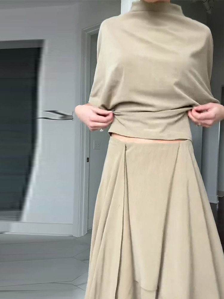 Ensemble deux pièces uni pour femme : Haut à col montant et manches courtes, jupe longue drapée irrégulière coupe trapèze – Tenue décontractée pour femme, été 2026