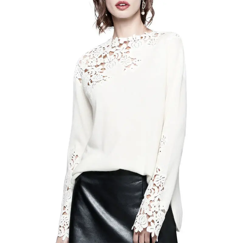 T-shirt de tempérament pour femmes, Design d'automne, haut blanc à épaules dénudées, haut tricoté ajouré brodé à la mode, Harajuku 2024