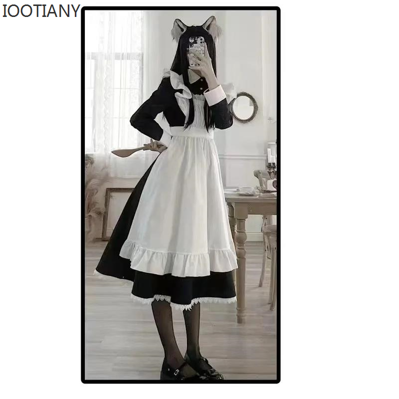 Robe de servante classique Lolita pour femmes IOOTIANY, tenue vintage inspirée de l'anime, cosplay, costume de femme de chambre à manches longues noires pour enfants