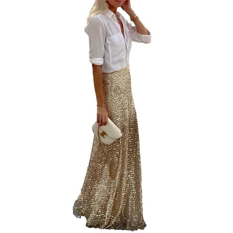 Jupes pour femmes 2026 – Nouvelle collection décontractée printemps-automne, jupe longue à sequins, couleur unie, style Europe-Amérique, vêtements féminins
