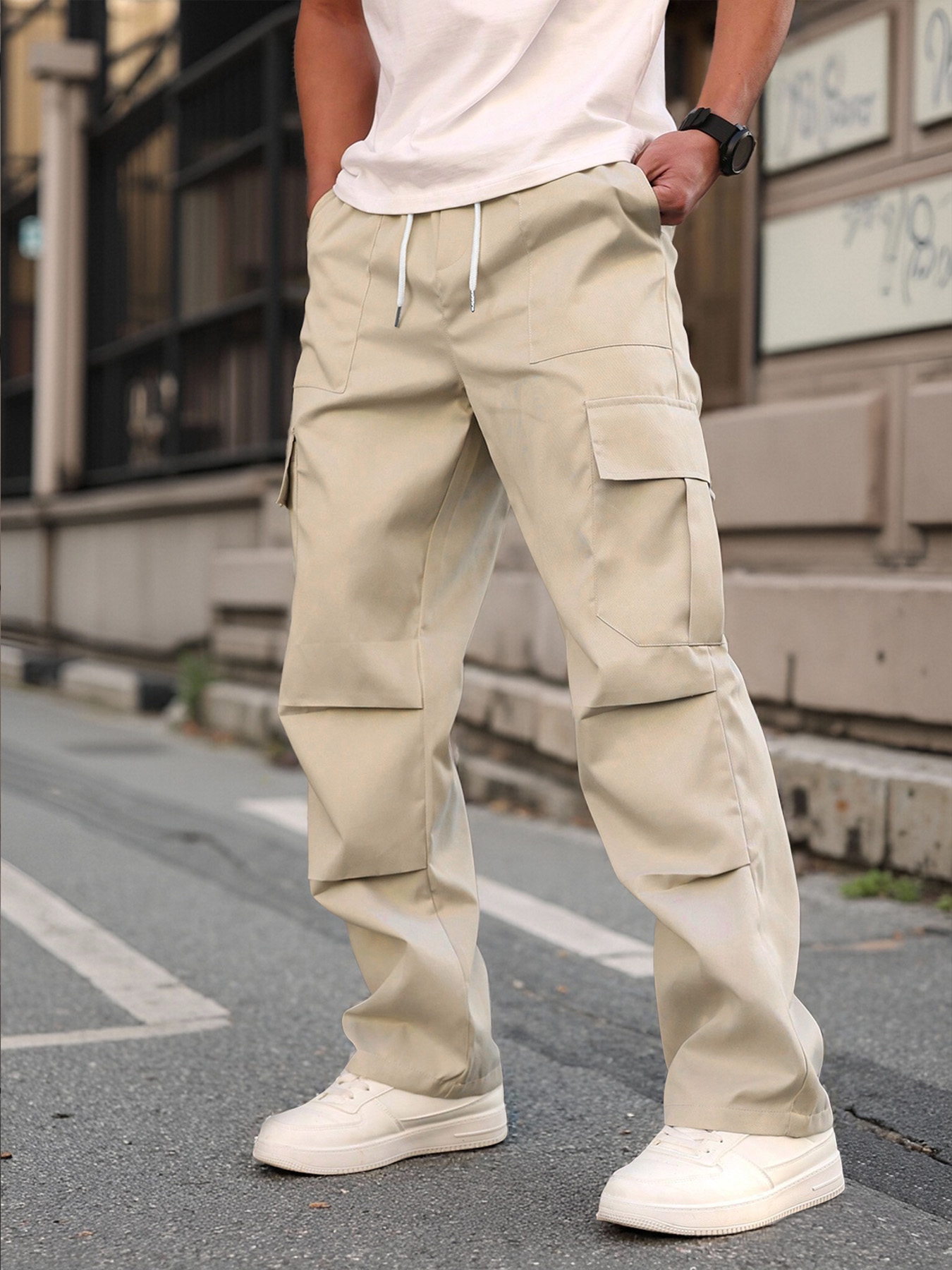 Pantalon cargo ample à cordon de serrage multi-poches kaki pour homme, pantalon décontracté droit pour l'été