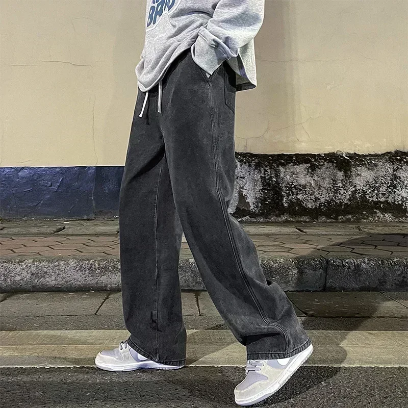 Jean Long décontracté pour hommes coréens, classique, droit, Denim, jambes larges, couleur unie, bleu clair, gris, noir, nouvelle collection 2025