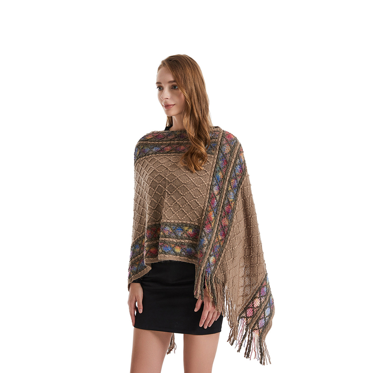 Poncho de style rétro pour femme, châle vintage unique, pull ethnique avec glands ronds bidirectionnels, printemps et automne