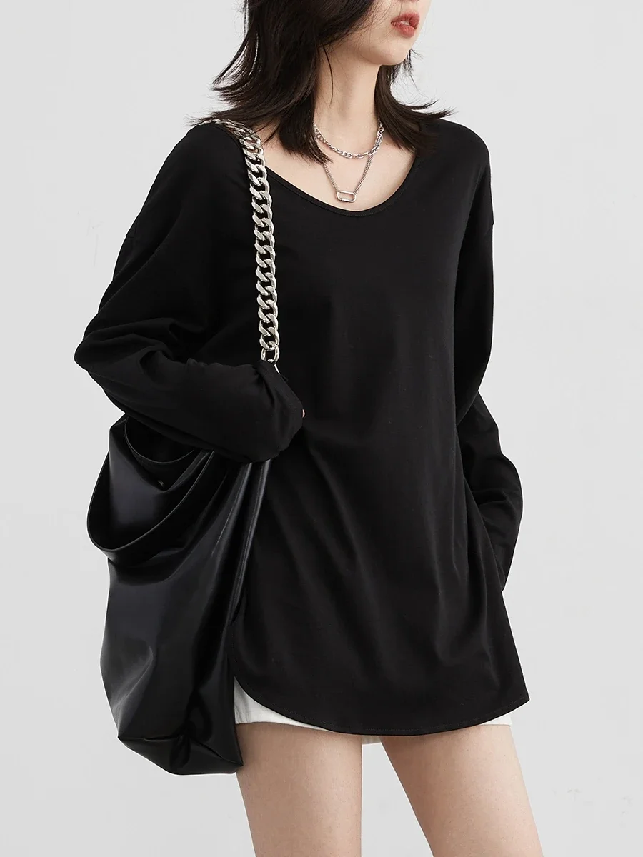 T-shirts amples décontractés à col en U et manches longues pour femmes CHIC VEN – Hauts fendus pour femmes, vêtements féminins automne-printemps 2026