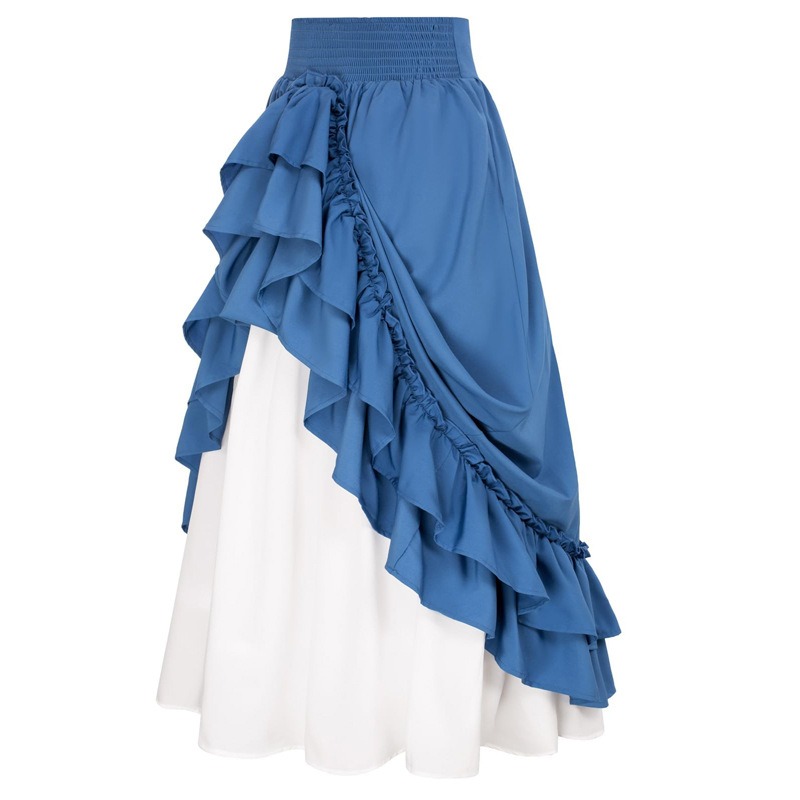 Jupe Longue à Volants pour Femme, Costume Renaissance Décontracté, Bouton Couche, Dos Double, Froncé, Taille artificiel astique, Bande Maxi Longueur