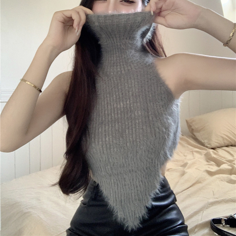 Débardeur Sexy pour femmes, gilet tricoté, col roulé, épaules dénudées, sans manches, haut court, Design irrégulier, Chic, Slim, hiver