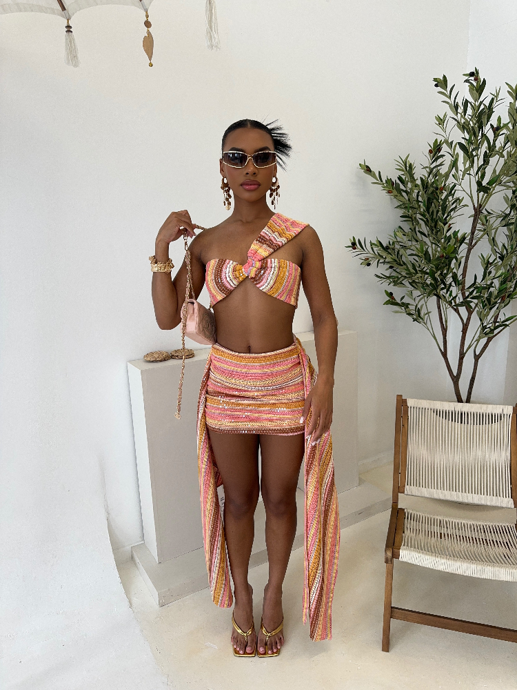 Sexy plage jupe colorée femmes ensemble tricot paillettes une épaule haut court drapé Mini jupes mince moulante 2 pièces ensembles dame tenues