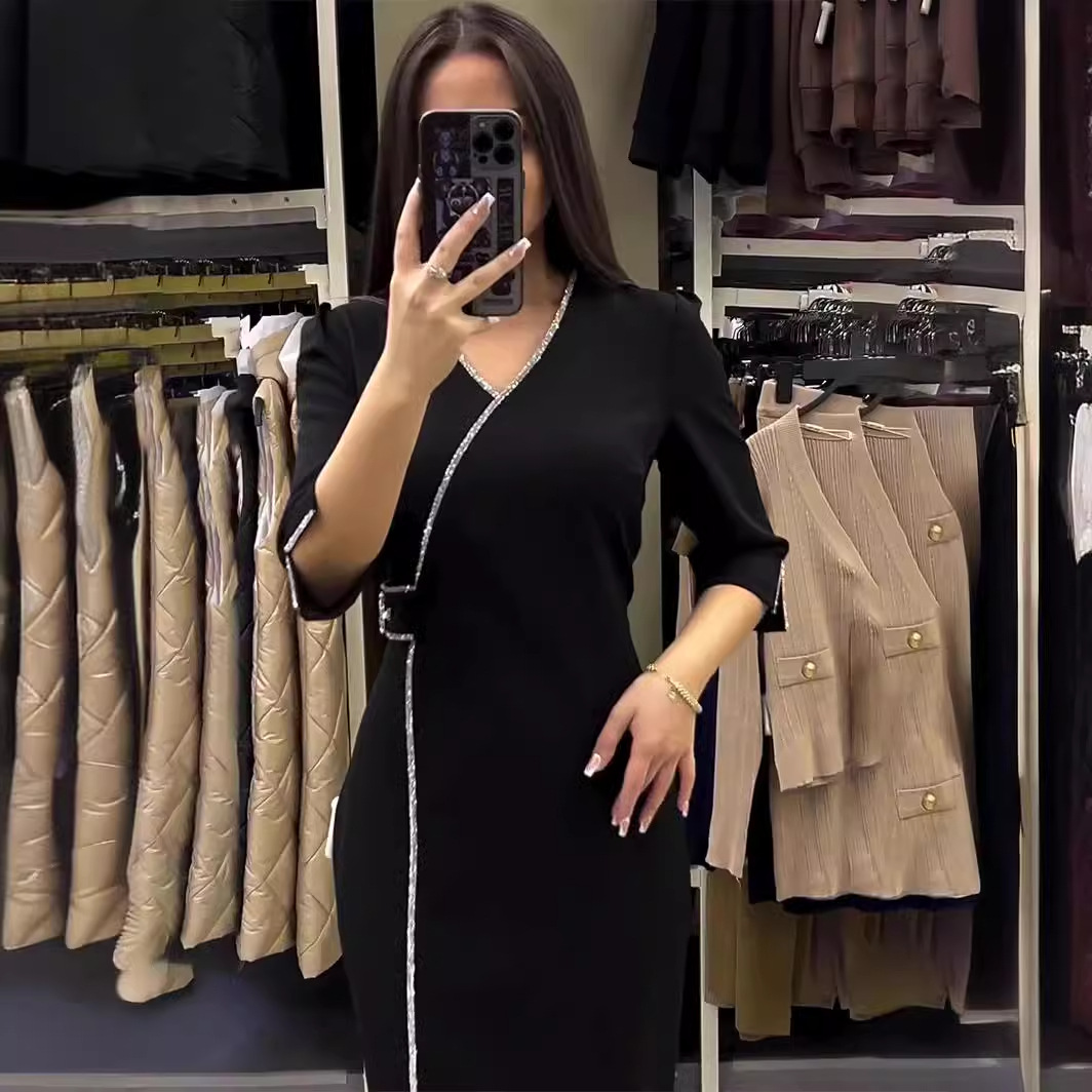 Robes longues pour femmes, été, élégantes, style Y2k, sexy, col en V, ornées de strass, coupe ajustée, fente, manches trois-quarts, robe longue été 2026