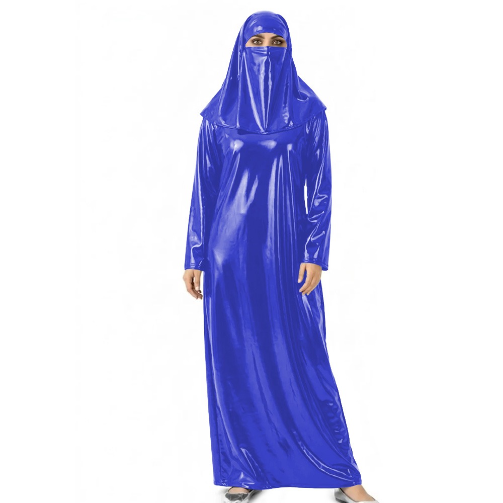 Abaya brillante effet mouillé pour femme avec voile intégré, robe longue en cuir PVC pour Halloween, événements cosplay et occasions à thème