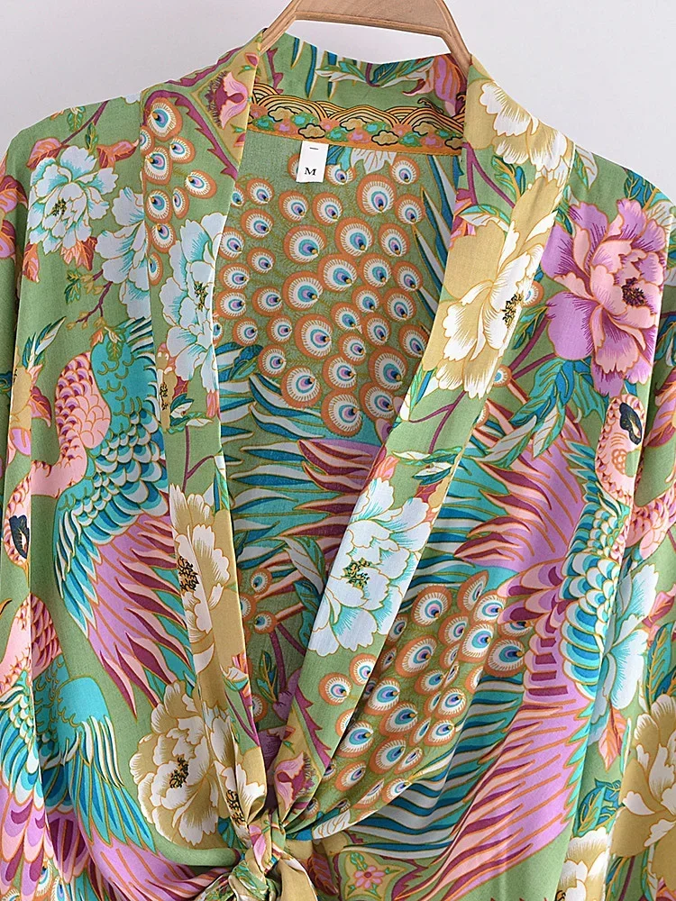 Boho Dinner ens Peacock Short Robe Kimono Swimsuits for Women, Floral BatOOSleeves, Rayon, Bohemian Bikini Cover Ups, Beachwear, Fashion